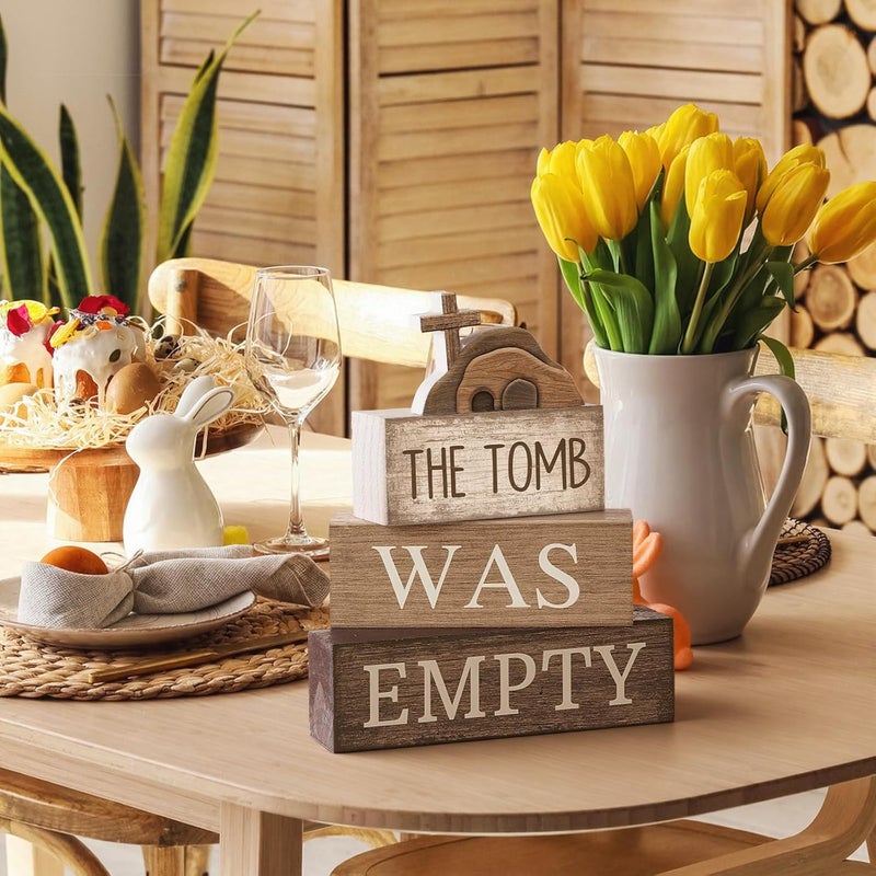 Lineshading 4 Pcs Easter Table Decorations Cross Wooden Sign Easter Religious Centerpieces Rustic Tomb Tiered Tray Decor Decorative Faux Book Stack Block Farmhouse for Home Kitchen Shelf - Image 4